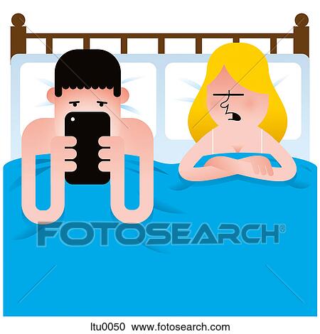 Clipart - A man and woman in bed while the man is looking at a mobile device. Fotosearch
