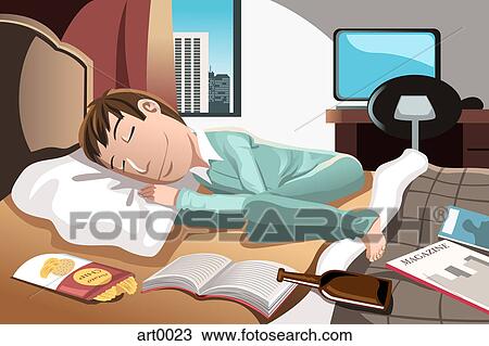 A man asleep on his bed as he is surrounded by food and magazines View Large Illustration Drawing - A man asleep on his bed as he is surrounded by food and magazines. Fotosearch