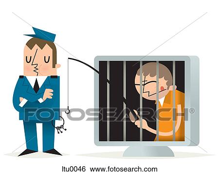 Stock Illustration - A man behind bars on a computer screen trying to get keys from a guard. Fotosearch