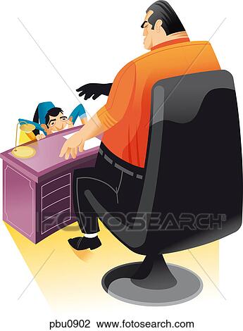 A man cowering in front of his boss View Large Illustration Drawing - A man cowering in front of his boss. Fotosearch