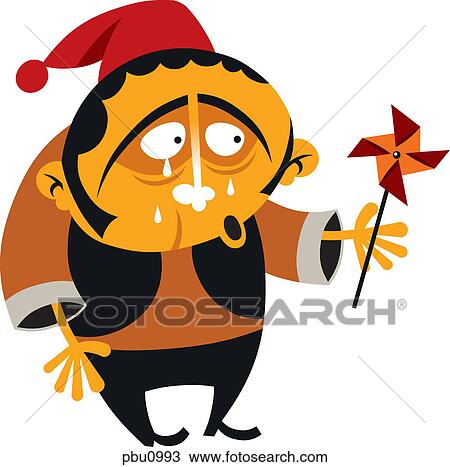 Drawing - A man crying while holding a pinwheel toy. Fotosearch