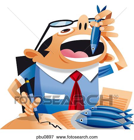 Stock Illustration - A man doing paperwork while eating fish. Fotosearch