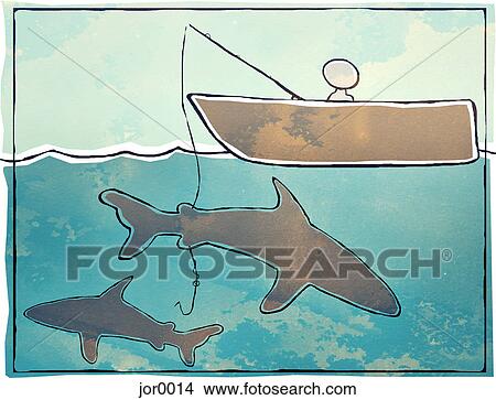 Stock Illustration - a man fishing with sharks swimming underneath his boat. Fotosearch