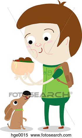 Stock Illustration - A man holding a bowl of food over a dog. Fotosearch