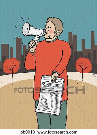 Clipart - A man holding a newspaper and a megaphone. Fotosearch