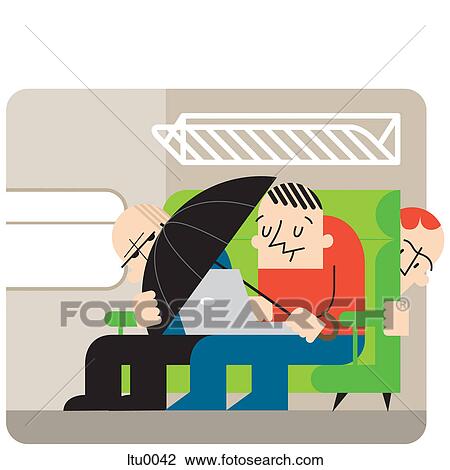 Drawing - A man holding an umbrella over his laptop while a man next to him tries to peek. Fotosearch