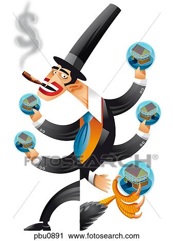 Clip Art - A man holding several houses with multiple arms. Fotosearch