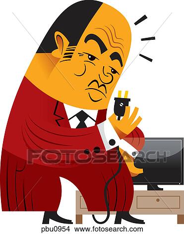 Stock Illustration - A man holding the plug of a TV. Fotosearch