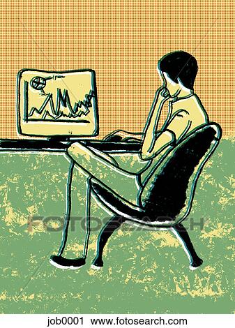 Clip Art - A man looking at graphs on a computer monitor. Fotosearch