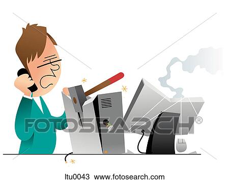 A man on the phone while looking at his broken computer View Large Illustration Drawing - A man on the phone while looking at his broken computer. Fotosearch