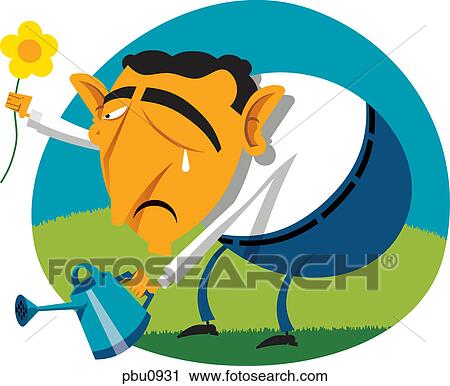 Clip Art - A man picking a flower and holding a watering can. Fotosearch
