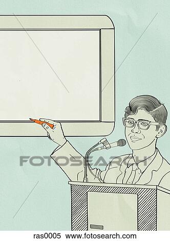 A man pointing to a wipe board as he is giving a presentation View Large Illustration Stock Illustration - A man pointing to a wipe board as he is giving a presentation. Fotosearch