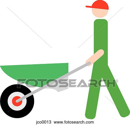 Drawing - A man pushing a wheelbarrow. Fotosearch