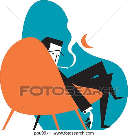 A man sitting on a chair in the evening, smoking a cigarette View Large Illustration Clip Art - A man sitting on a chair in the evening, smoking a cigarette. Fotosearch