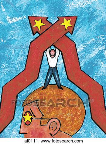 Clip Art - A man standing on man's head putting arrows together. Fotosearch