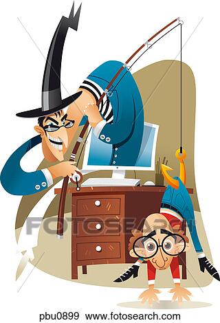 A man sticking out of a computer fishing for a man View Large Illustration Stock Illustration - A man sticking out of a computer fishing for a man. Fotosearch