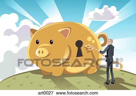 Stock Illustration - A man unlocking a giant piggy bank. Fotosearch
