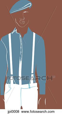 A man wearing a beret and suspenders View Large Illustration Stock Illustration - A man wearing a beret and suspenders. Fotosearch