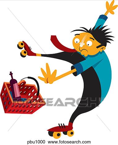 Clipart - A man wearing roller skates and holding a grocery basket with wine. Fotosearch