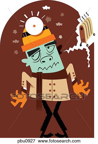 Stock Illustration - A man who is cold thinking about a heater. Fotosearch