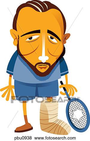 Stock Illustration - A man with a broken foot holding a broken tennis racket. Fotosearch