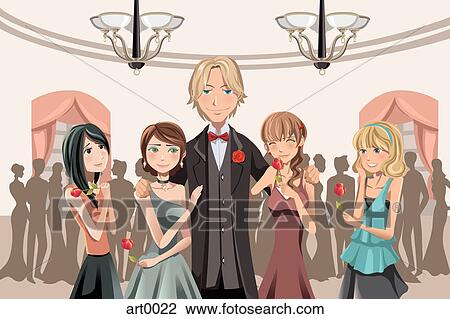 A man with a group of women who are holding roses View Large Illustration Drawing - A man with a group of women who are holding roses. Fotosearch