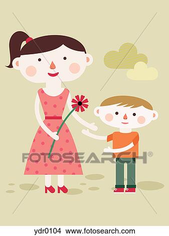Stock Illustration - A mother holding a flower while standing next to her son. Fotosearch