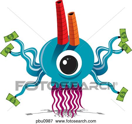 Stock Illustration - A one eyed monster holding money. Fotosearch