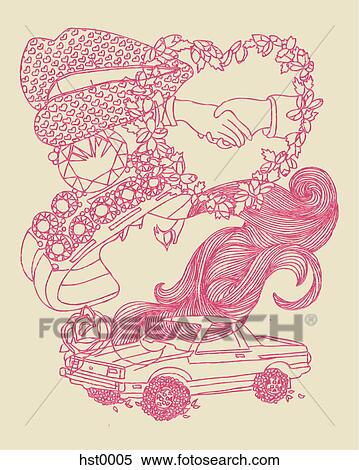 Stock Illustration - A pair of lips, shaking hands, a diamond ring, a woman's head and a car. Fotosearch