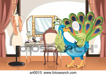 Drawing - A peacock backstage looking at himself in the mirror. Fotosearch