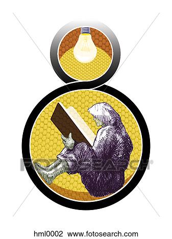 A person reading a book under a light bulb View Large Illustration Drawing - A person reading a book under a light bulb. Fotosearch