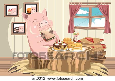 A pig eating a sandwich View Large Illustration Drawing - A pig eating a sandwich. Fotosearch