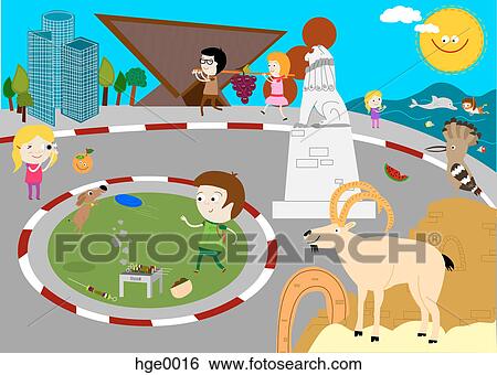 A scene showing people and animals doing various things View Large Illustration Stock Illustration - A scene showing people and animals doing various things. Fotosearch