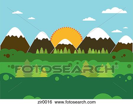 Stock Illustration - A sun behind snow capped mountains. Fotosearch