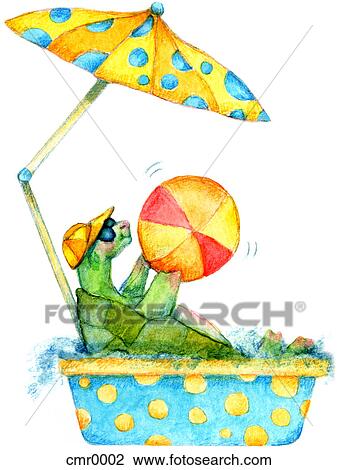 Drawing - A turtle sitting in a kiddies pool under a beach umbrella while holding a beach ball. Fotosearch