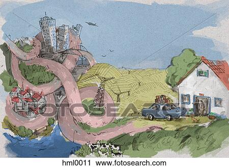 Clip Art - A winding road connecting the city and a rural area. Fotosearch