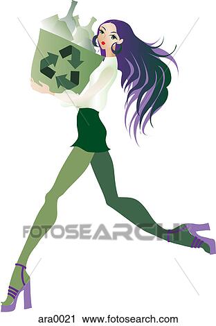 Clip Art - A woman carrying a box full of recyclables. Fotosearch