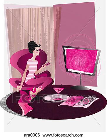 A woman changing TV channels with her remote control View Large Illustration Stock Illustration - A woman changing TV channels with her remote control. Fotosearch
