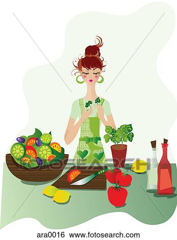 Stock Illustration - A woman cooking with fresh herbs in the kitchen. Fotosearch