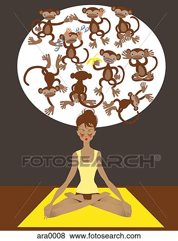 Stock Illustration - A woman doing a yoga pose with monkeys in the background. Fotosearch