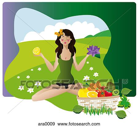 A woman doing yoga while holding a flower and fruit View Large Illustration Stock Illustration - A woman doing yoga while holding a flower and fruit. Fotosearch