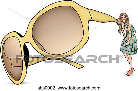 A woman holding a giant pair of sunglasses View Large Illustration Drawing - A woman holding a giant pair of sunglasses. Fotosearch