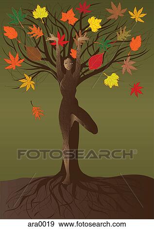A woman in a yoga pose standing against a tree with colorful leaves View Large Illustration Stock Illustration - A woman in a yoga pose standing against a tree with colorful leaves. Fotosearch