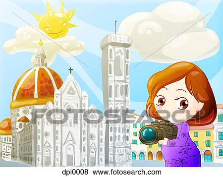 Stock Illustration - A woman sightseeing in Italy. Fotosearch