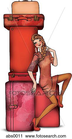 Clip Art - A woman sitting on luggage. Fotosearch
