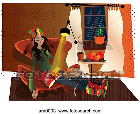 A woman sleeping in a chair next to her cat View Large Illustration Drawing - A woman sleeping in a chair next to her cat. Fotosearch