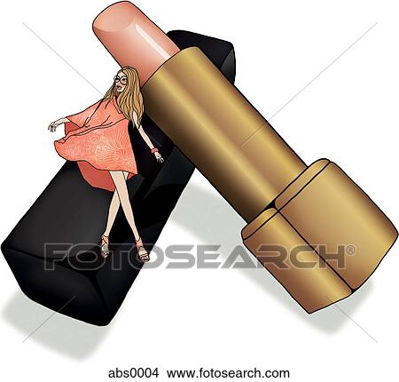 Stock Illustration - A woman standing next to a giant tube of lipstick. Fotosearch