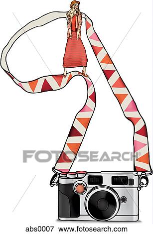 Stock Illustration - A woman standing on a strap of a camera. Fotosearch