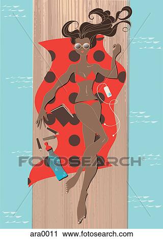 Clip Art - A woman sunbathing on a beach towel. Fotosearch