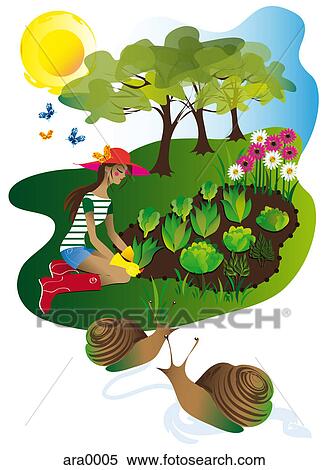 Stock Illustration - A woman tending to her garden with snails in the foreground. Fotosearch